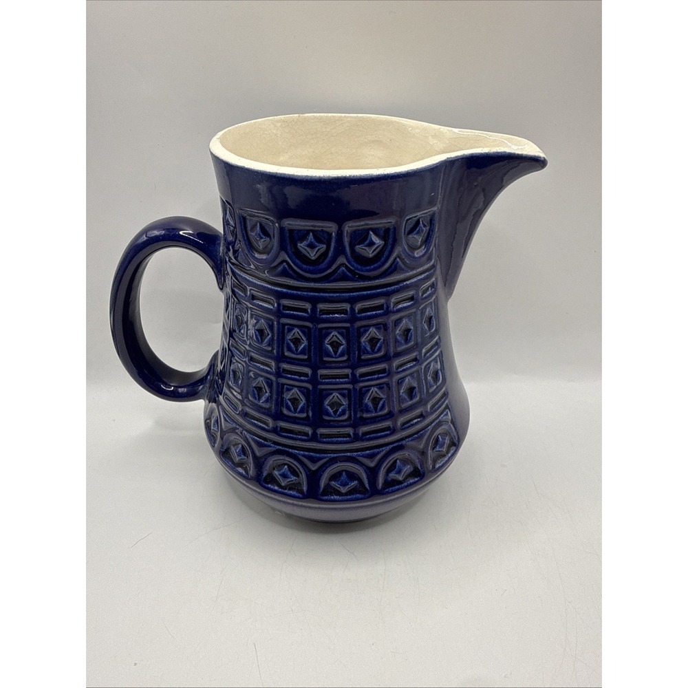 1950s VTG Waku Feuerfest Teapot Blue‎ Embossed Geometric Pattern